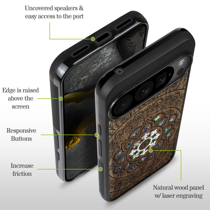The Indian Mandala, Hand-Inlaid Wood & Mother of Pearl Case - Artisanal Cover for Google Pixel