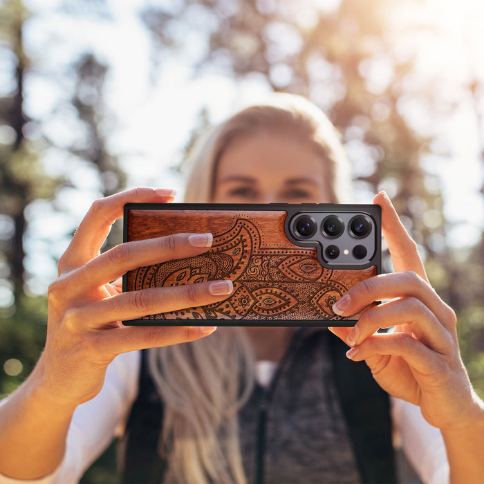 Ornate Hamsa Design Classic Engraved Wood & TPU Case Samsung Galaxy Artisanal Case View