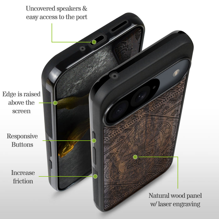 The Norse Resonance Mjollnir, Classic Engraved Wood & TPU Case - Artisanal Cover for Google Pixel