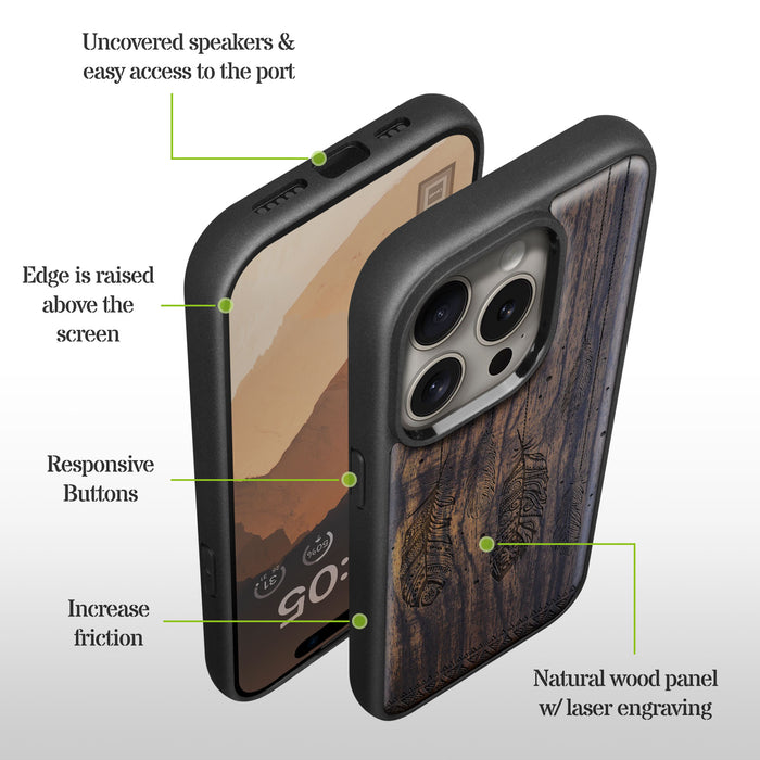 The Feathered Tapestry, Classic Engraved Wood & TPU Case - Artisanal Cover for Apple iPhone