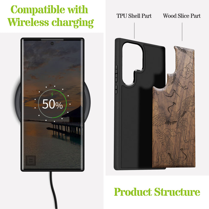 Auspicious Cranes and Clouds, Classic Engraved Wood & TPU Case - Artisanal Cover for Samsung Galaxy