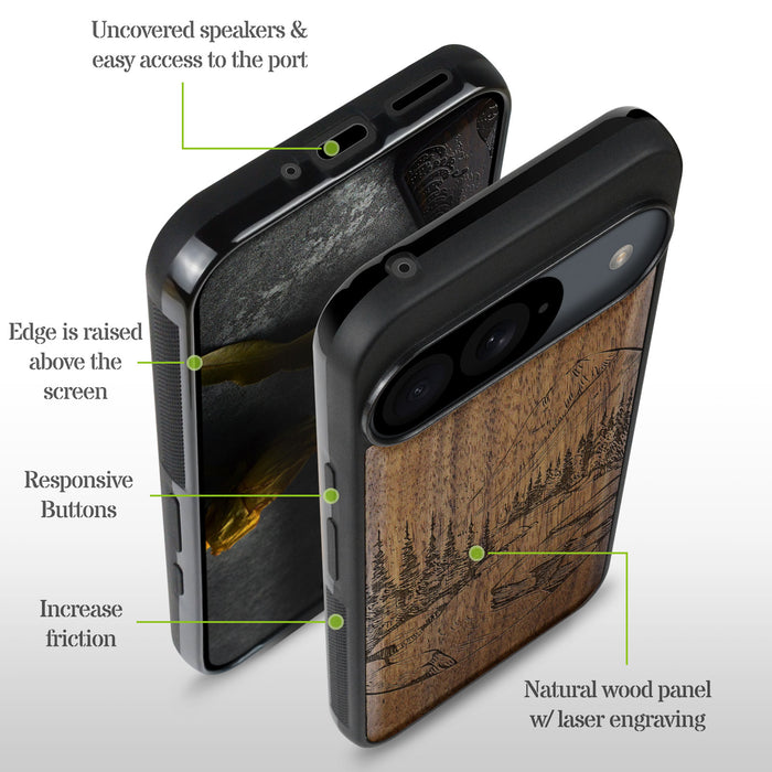 The Lake and Mountain Landscape, Classic Engraved Wood & TPU Case - Artisanal Cover for Google Pixel