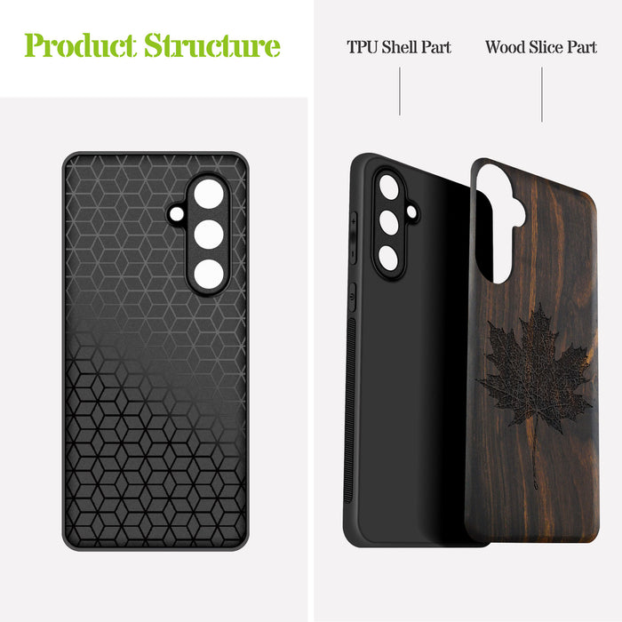 Intricate Maple Leaf Sketch, Classic Engraved Wood & TPU Case - Artisanal Cover for Samsung Galaxy