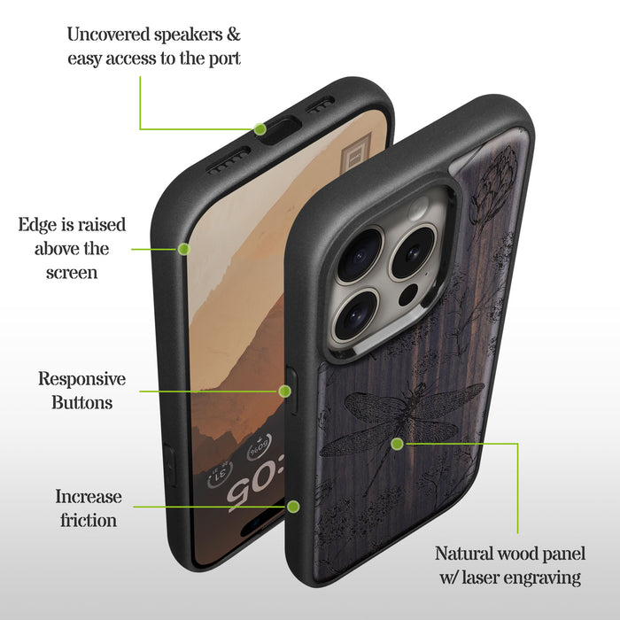 The Dragonfly Dance, Classic Engraved Wood & TPU Case - Artisanal Cover for Apple iPhone