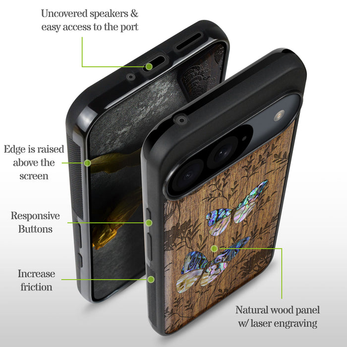 A Dance of Nature, Hand-Inlaid Wood & Mother of Pearl Case - Artisanal Cover for Google Pixel