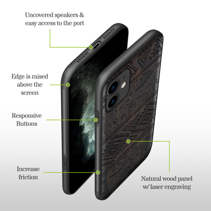 Vintage Indian Lotus and Ethnic Elephant, Classic Engraved Wood & TPU Case - Artisanal Cover for Apple iPhone