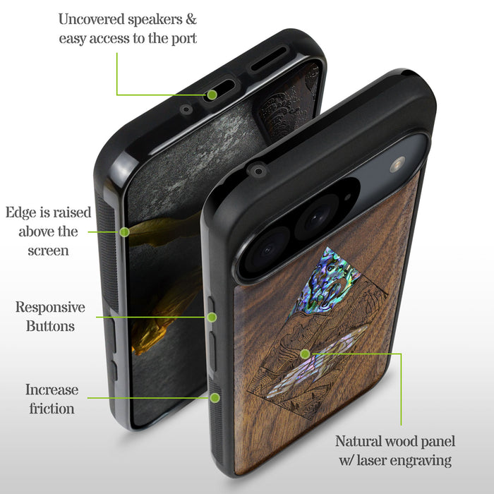 A Glimpse into the Starlit Wilderness, Hand-Inlaid Wood & Mother of Pearl Case - Artisanal Cover for Google Pixel