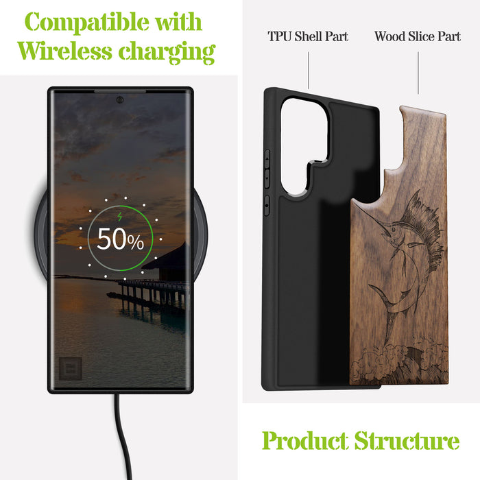 The Soaring Marlin, Classic Engraved Wood & TPU Case - Artisanal Cover for Samsung Galaxy