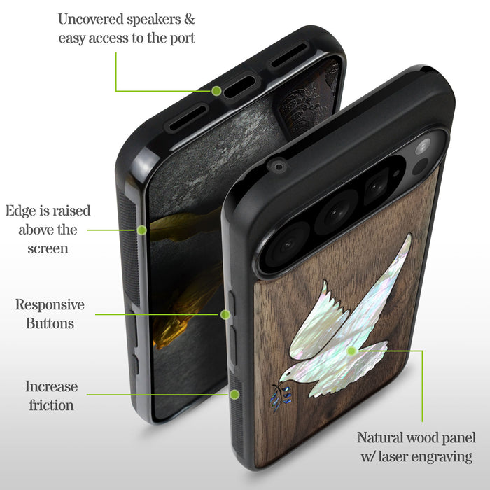 The Dove with Olive Branch, Hand-Inlaid Wood & Mother of Pearl Case - Artisanal Cover for Google Pixel