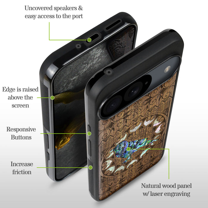 The Zentangle Crow, Hand-Inlaid Wood & Mother of Pearl Case - Artisanal Cover for Google Pixel