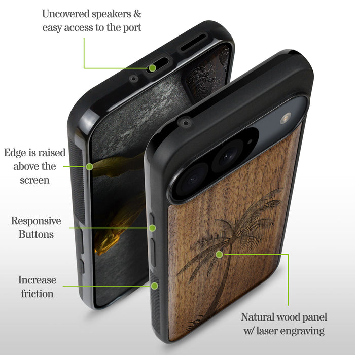 The Palm Tree Silhouette, Classic Engraved Wood & TPU Case - Artisanal Cover for Google Pixel