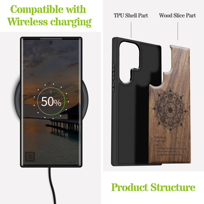 Mandala Flower Design, Classic Engraved Wood & TPU Case - Artisanal Cover for Samsung Galaxy