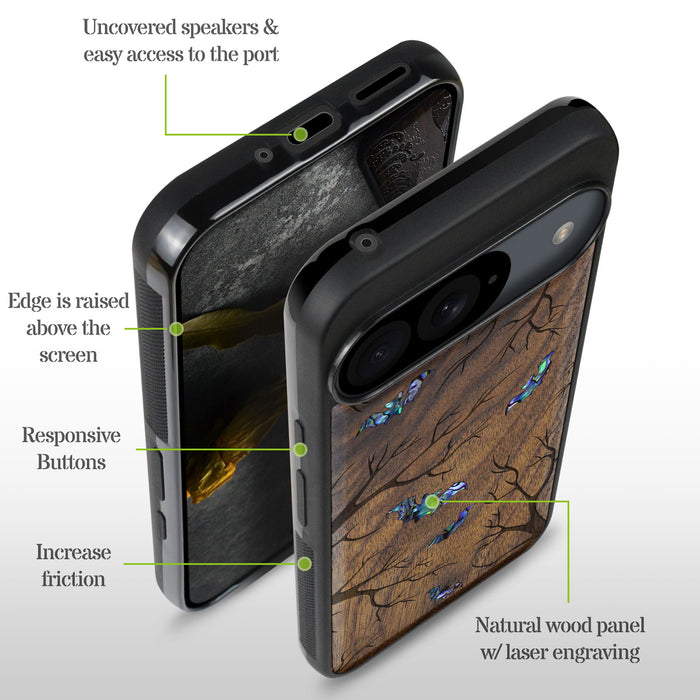 Shadows of the Night, Hand-Inlaid Wood & Mother of Pearl Case - Artisanal Cover for Google Pixel