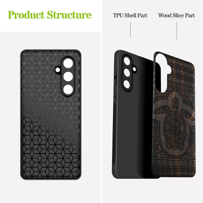 The Enigmatic Turtle of Timeless Patterns, Classic Engraved Wood & TPU Case - Artisanal Cover for Samsung Galaxy