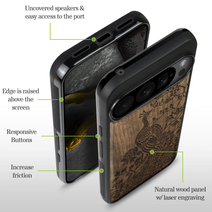 The Majestic Asian Peacock, Classic Engraved Wood & TPU Case - Artisanal Cover for Google Pixel