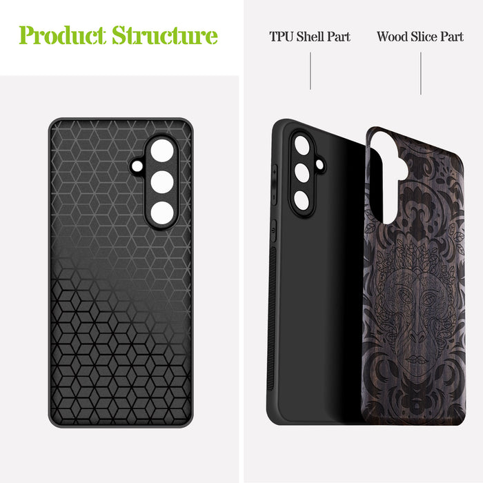 The Leafy Visage, Classic Engraved Wood & TPU Case - Artisanal Cover for Samsung Galaxy