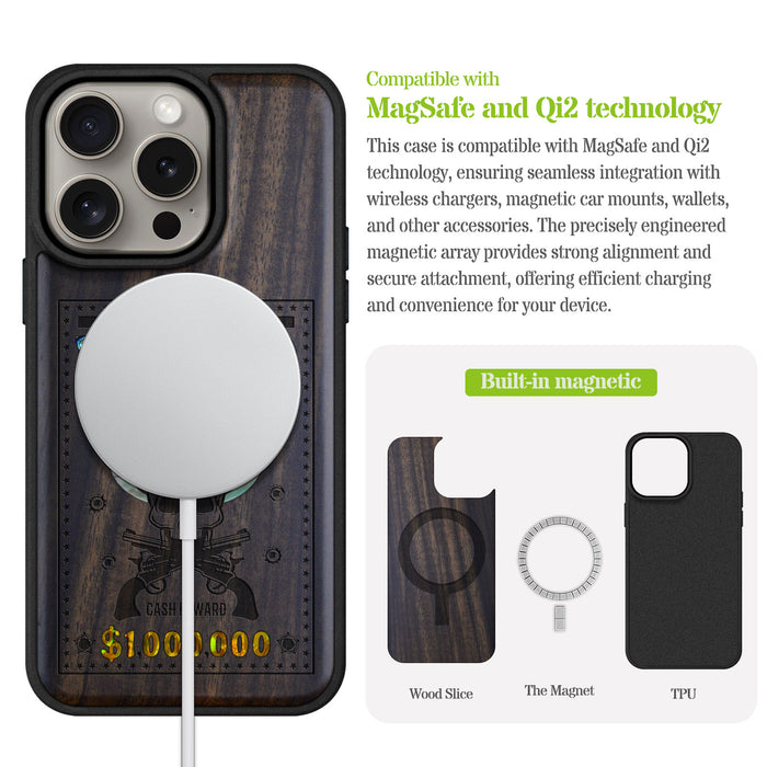 Outlaw Skull Wanted, Hand-Inlaid Wood & Mother of Pearl Case - Artisanal Cover for Apple iPhone