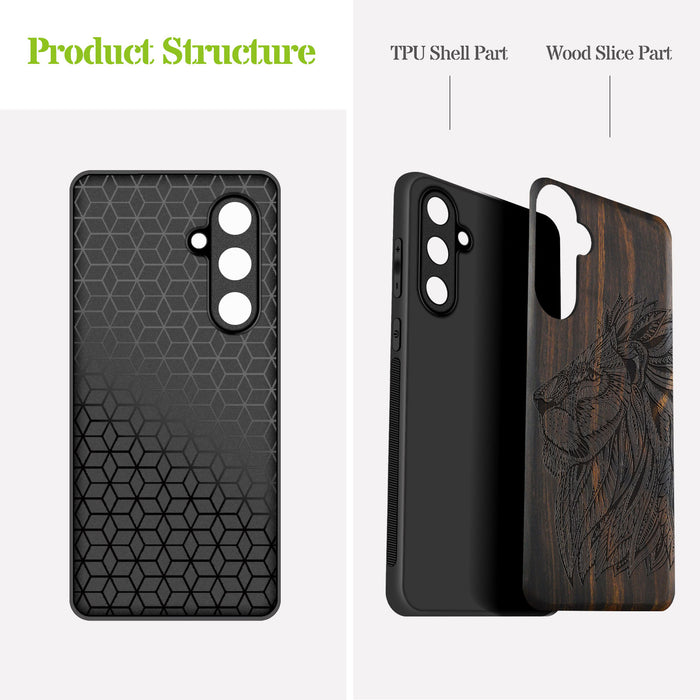 The Ornate Lion's Head, Classic Engraved Wood & TPU Case - Artisanal Cover for Samsung Galaxy