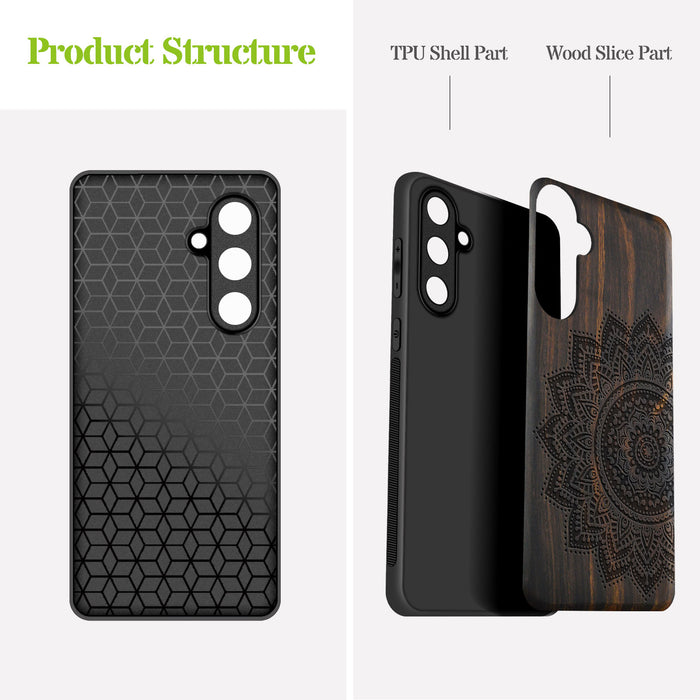 The Half Mandala Lace Art, Classic Engraved Wood & TPU Case - Artisanal Cover for Samsung Galaxy