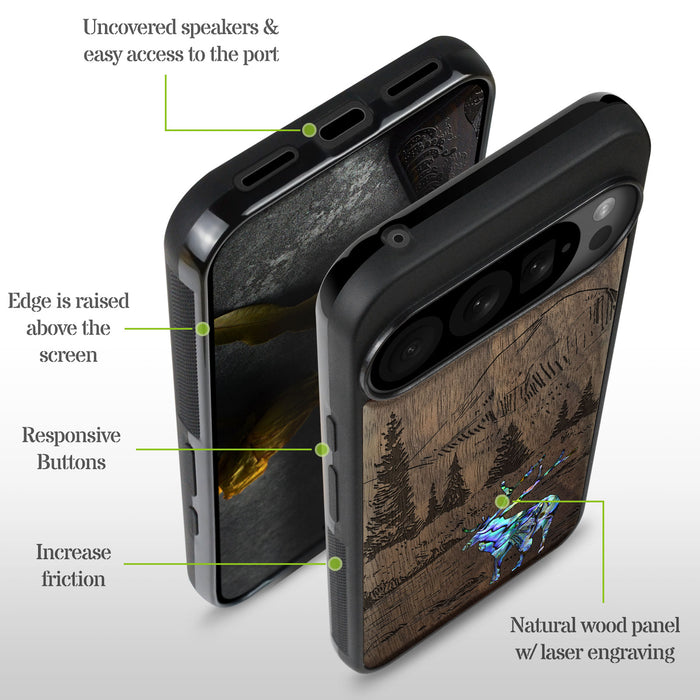 An Enthralling Natural Landscape Illustration, Hand-Inlaid Wood & Mother of Pearl Case - Artisanal Cover for Google Pixel