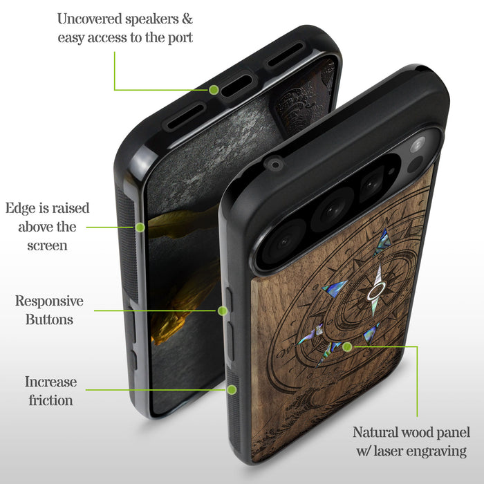 The Compass and the Wave, Hand-Inlaid Wood & Mother of Pearl Case - Artisanal Cover for Google Pixel