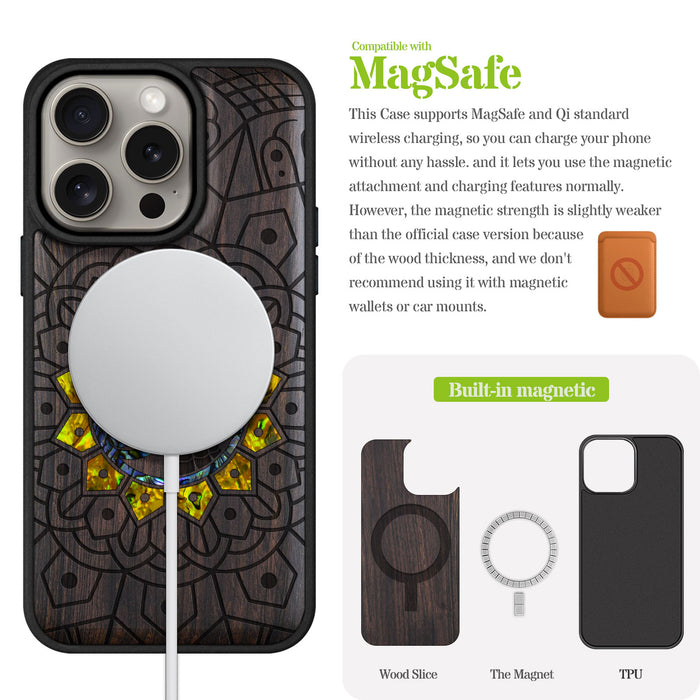 Eternal Horus Mandala, Hand-Inlaid Wood & Mother of Pearl Case - Artisanal Cover for Apple iPhone