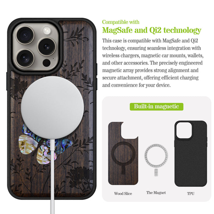A Dance of Nature, Hand-Inlaid Wood & Mother of Pearl Case - Artisanal Cover for Apple iPhone