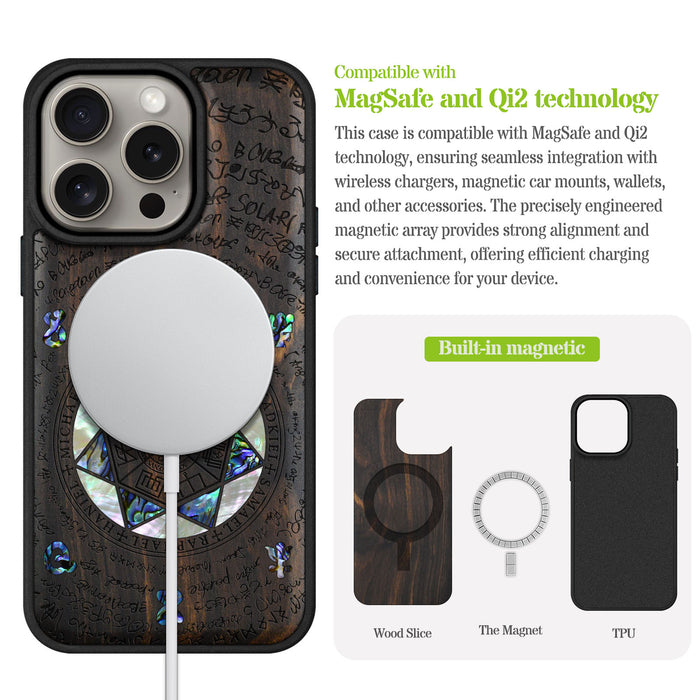 The Sacred Seals, Hand-Inlaid Wood & Mother of Pearl Case - Artisanal Cover for Apple iPhone