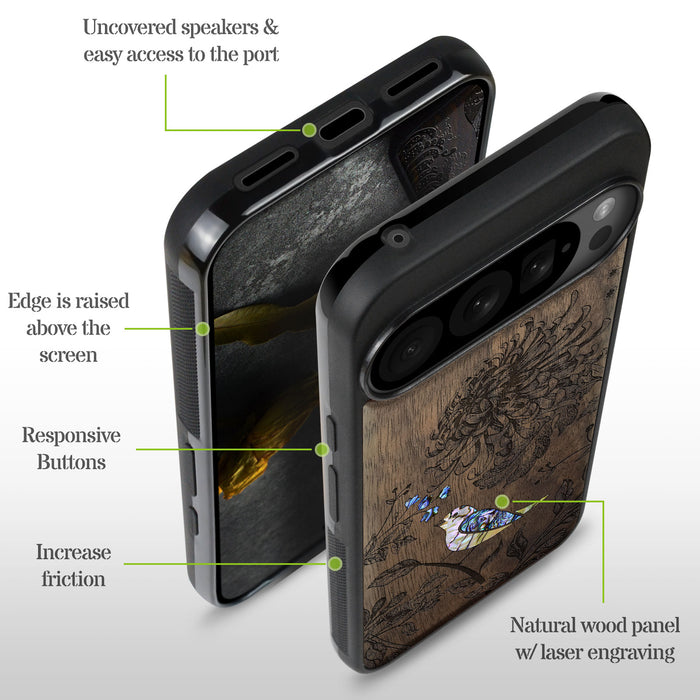 The Chrysanthemum and the Songbird, Hand-Inlaid Wood & Mother of Pearl Case - Artisanal Cover for Google Pixel