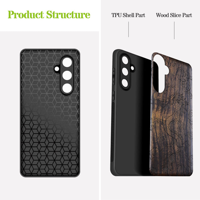 The Dragon's Ascent, Classic Engraved Wood & TPU Case - Artisanal Cover for Samsung Galaxy