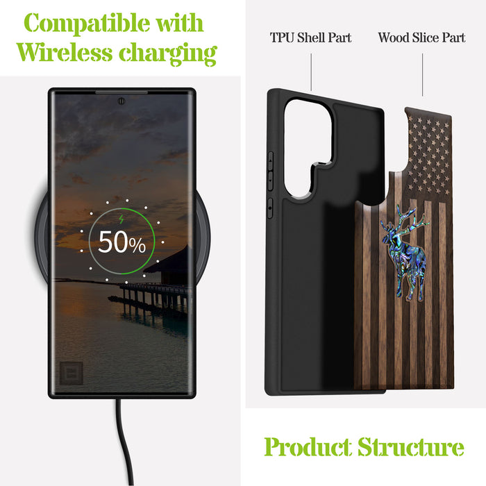 American Flag, Deer, Hand-Inlaid Wood & Mother of Pearl Case - Artisanal Cover for Samsung Galaxy