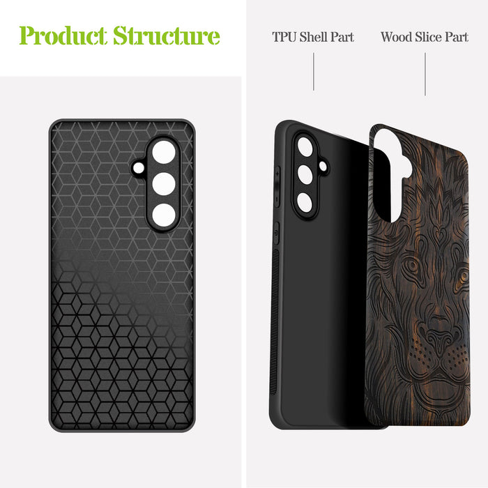 The Filigree Lion, Classic Engraved Wood & TPU Case - Artisanal Cover for Samsung Galaxy