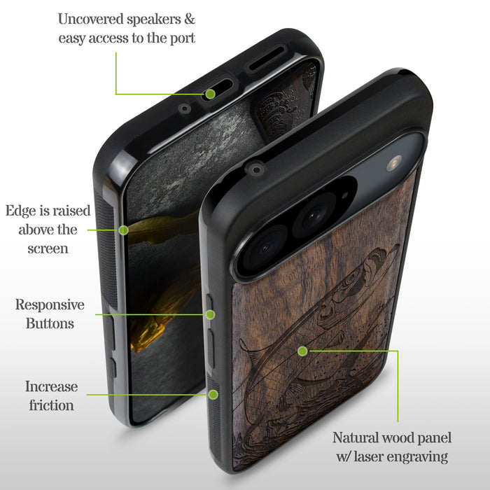 The Tarpon's Majestic Leap, Classic Engraved Wood & TPU Case - Artisanal Cover for Google Pixel