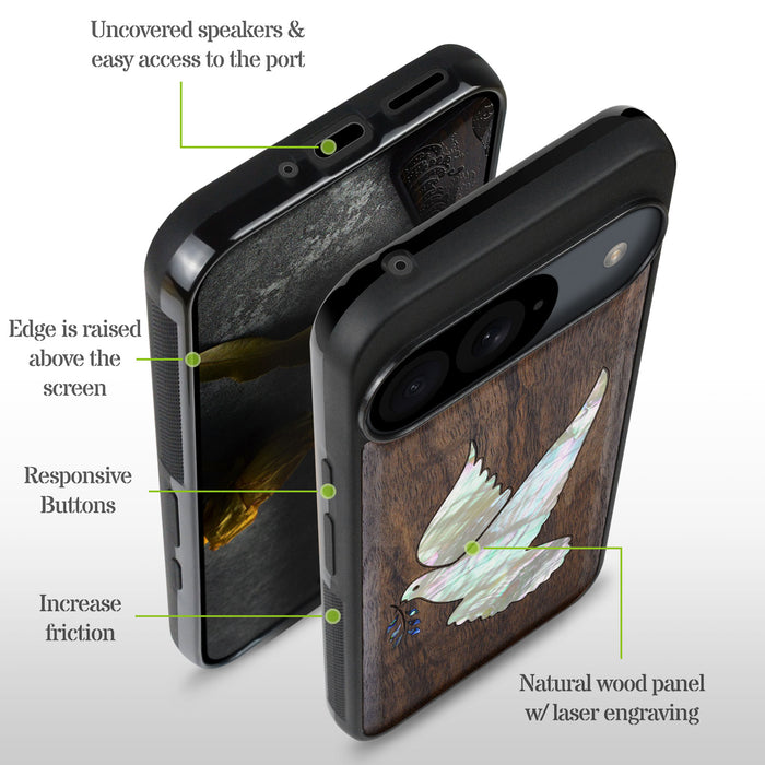 The Dove with Olive Branch, Hand-Inlaid Wood & Mother of Pearl Case - Artisanal Cover for Google Pixel