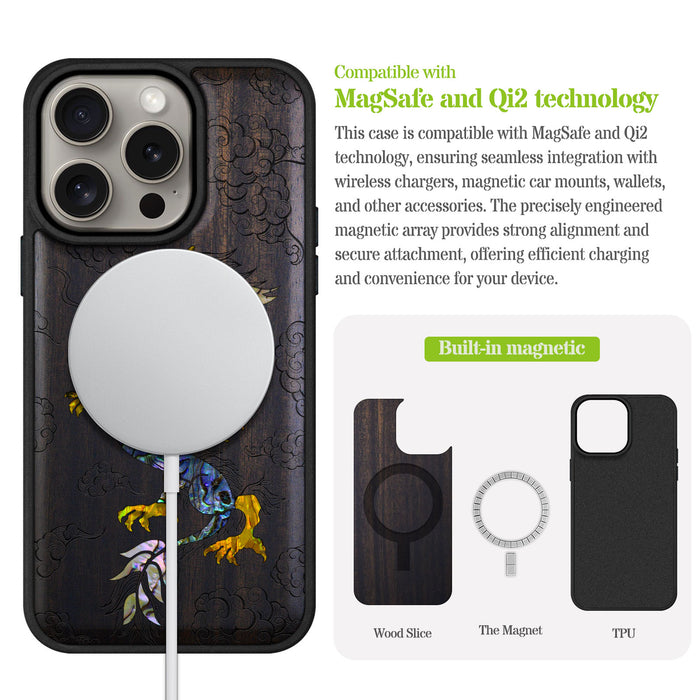 The Dragon's Ascen, Hand-Inlaid Wood & Mother of Pearl Case - Artisanal Cover for Apple iPhone