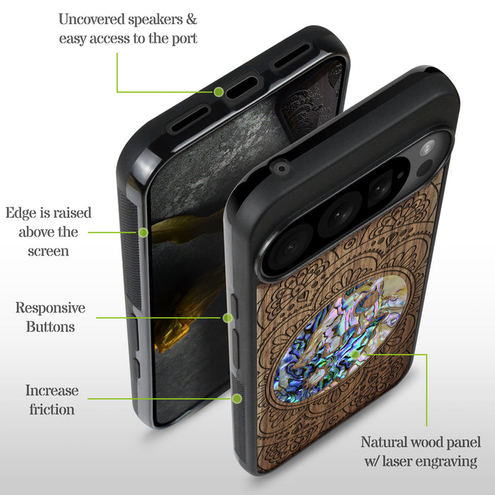 Yin-Yang Wolves Amidst Paisley, Hand-Inlaid Wood & Mother of Pearl Case - Artisanal Cover for Google Pixel