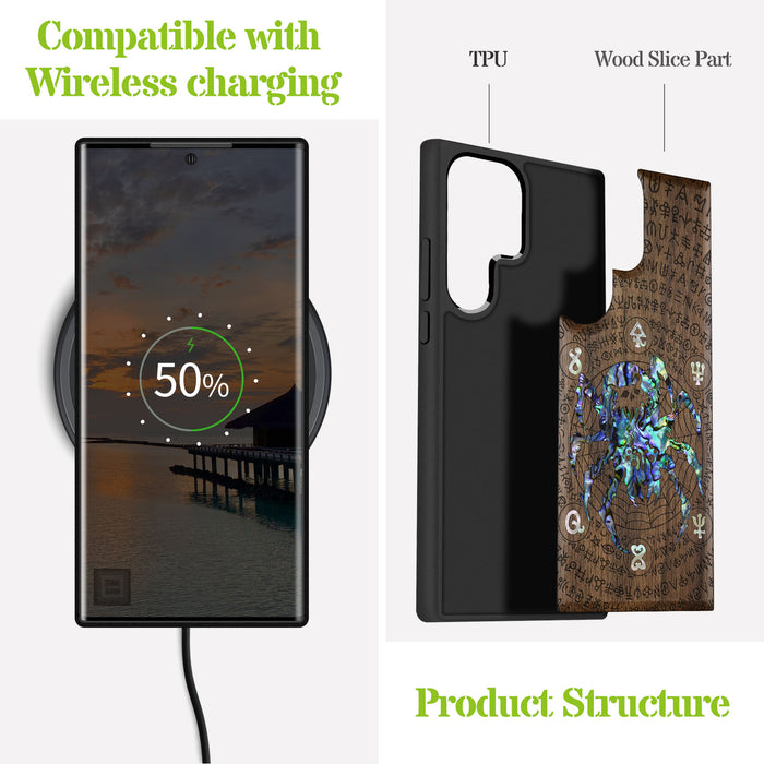 Shadows of the Web, Hand-Inlaid Wood & Mother of Pearl Case - Artisanal Cover for Samsung Galaxy