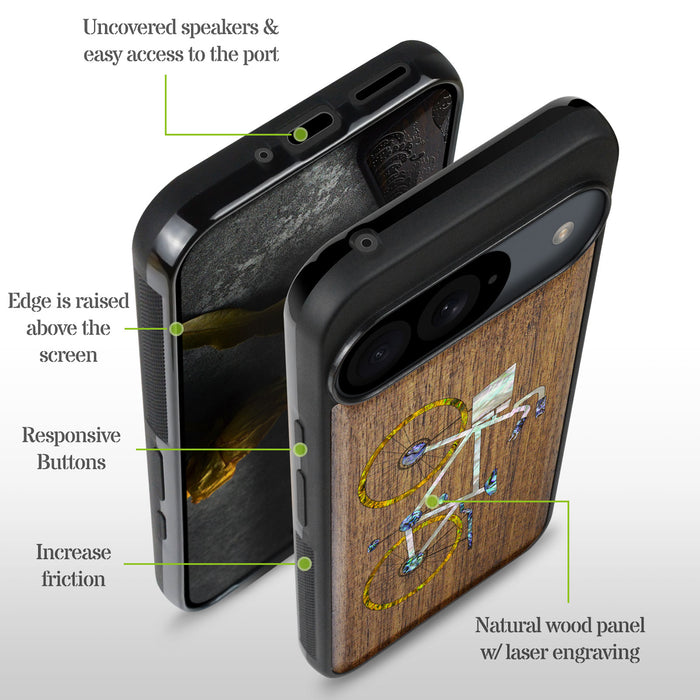 Classic Bicycle Silhouette, Hand-Inlaid Wood & Mother of Pearl Case - Artisanal Cover for Google Pixel