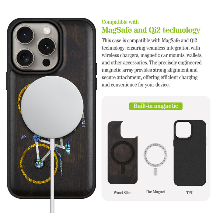 Classic Bicycle Silhouette, Hand-Inlaid Wood & Mother of Pearl Case - Artisanal Cover for Apple iPhone