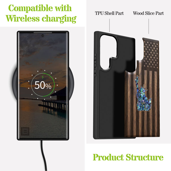 Statue of Liberty and Flag, Hand-Inlaid Wood & Mother of Pearl Case - Artisanal Cover for Samsung Galaxy