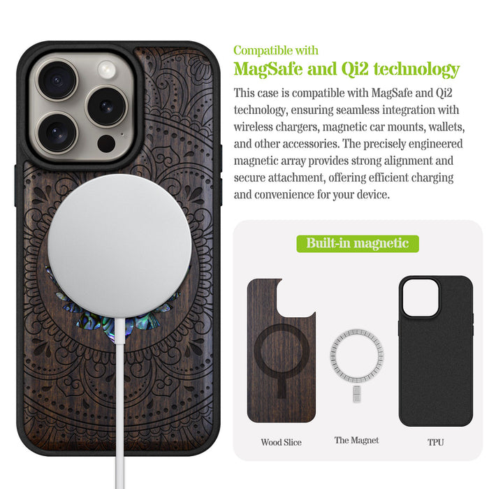 Lotus Mandala Essence, Hand-Inlaid Wood & Mother of Pearl Case - Artisanal Cover for Apple iPhone