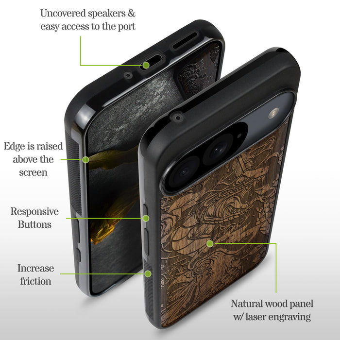 Fierce Mythical Clas, Classic Engraved Wood & TPU Case - Artisanal Cover for Google Pixel