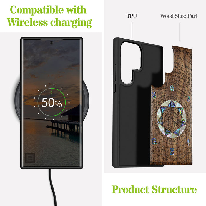 The Sacred Seals, Hand-Inlaid Wood & Mother of Pearl Case - Artisanal Cover for Samsung Galaxy