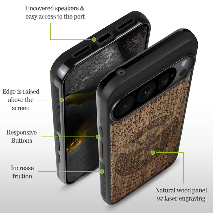 Bat and Skull within the Octagonal Star, Classic Engraved Wood & TPU Case - Artisanal Cover for Google Pixel