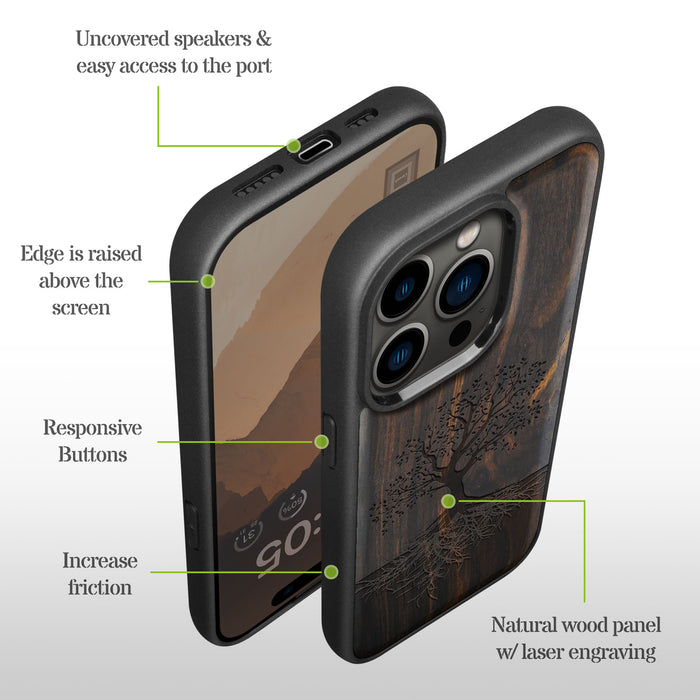 The Yin Yang Tree, Classic Engraved Wood & TPU Case - Artisanal Cover for Apple iPhone