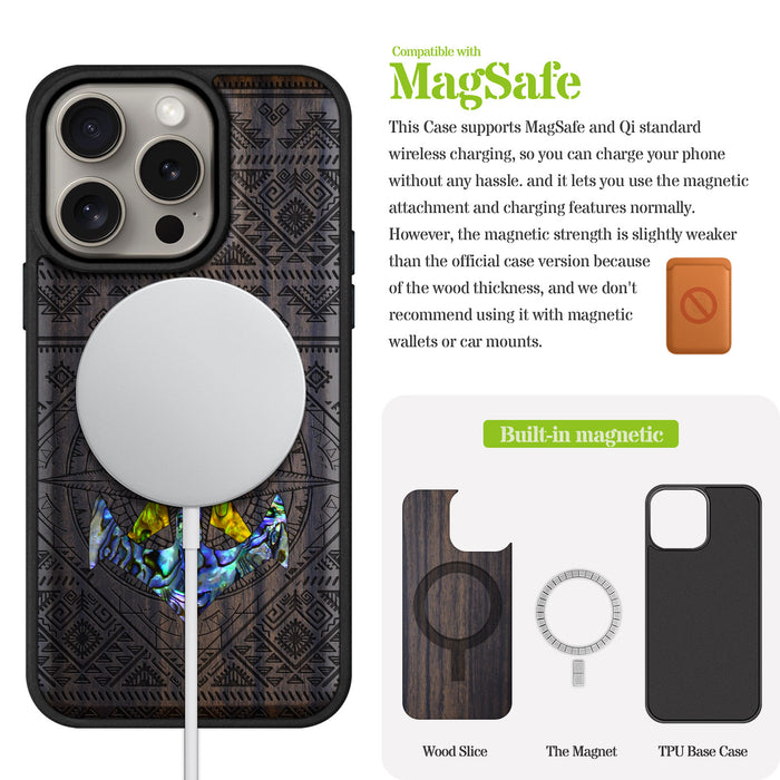 Voyage Intrigue, Hand-Inlaid Wood & Mother of Pearl Case - Artisanal Cover for Apple iPhone