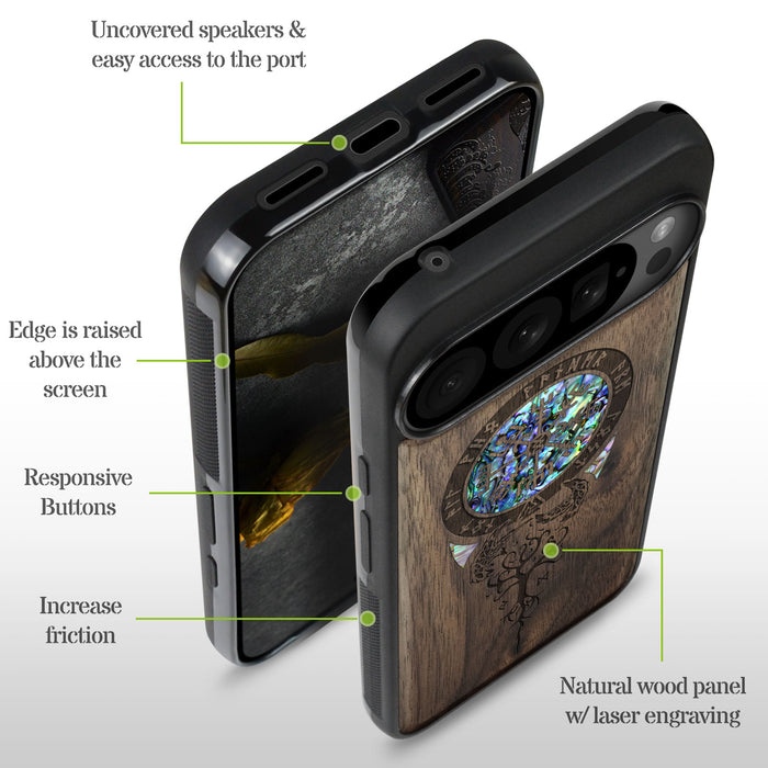 Eternal Compass Roots, Hand-Inlaid Wood & Mother of Pearl Case - Artisanal Cover for Google Pixel