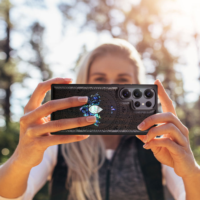 Lotus Mandala Essence, Hand-Inlaid Wood & Mother of Pearl Case - Artisanal Cover for Samsung Galaxy