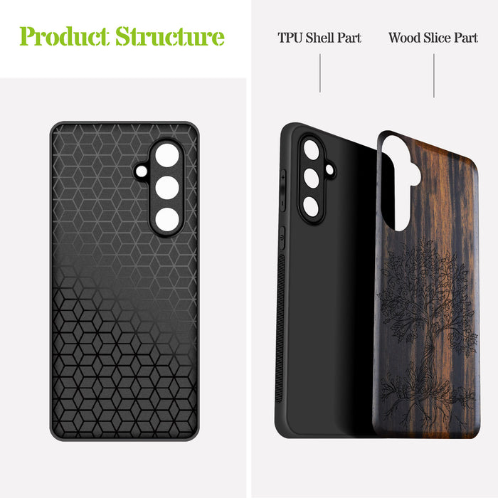 The Fairy Tree Line Art, Classic Engraved Wood & TPU Case - Artisanal Cover for Samsung Galaxy