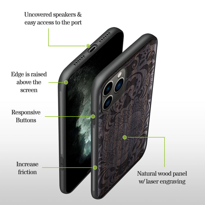 The Leafy Visage, Classic Engraved Wood & TPU Case - Artisanal Cover for Apple iPhone